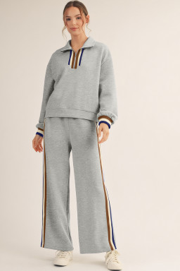 Gray Striped Patchwork Quarter Zip Pullover Loose Pants Set
