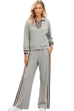 Gray Striped Patchwork Quarter Zip Pullover Loose Pants Set