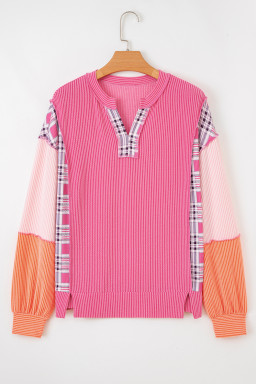 Rose Red Corded Texture Plaid Patchwork Split Neck Long Sleeve Top