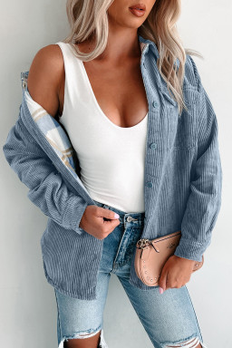 Stone Blue Plaid Corduroy Reversible Button Up Jacket