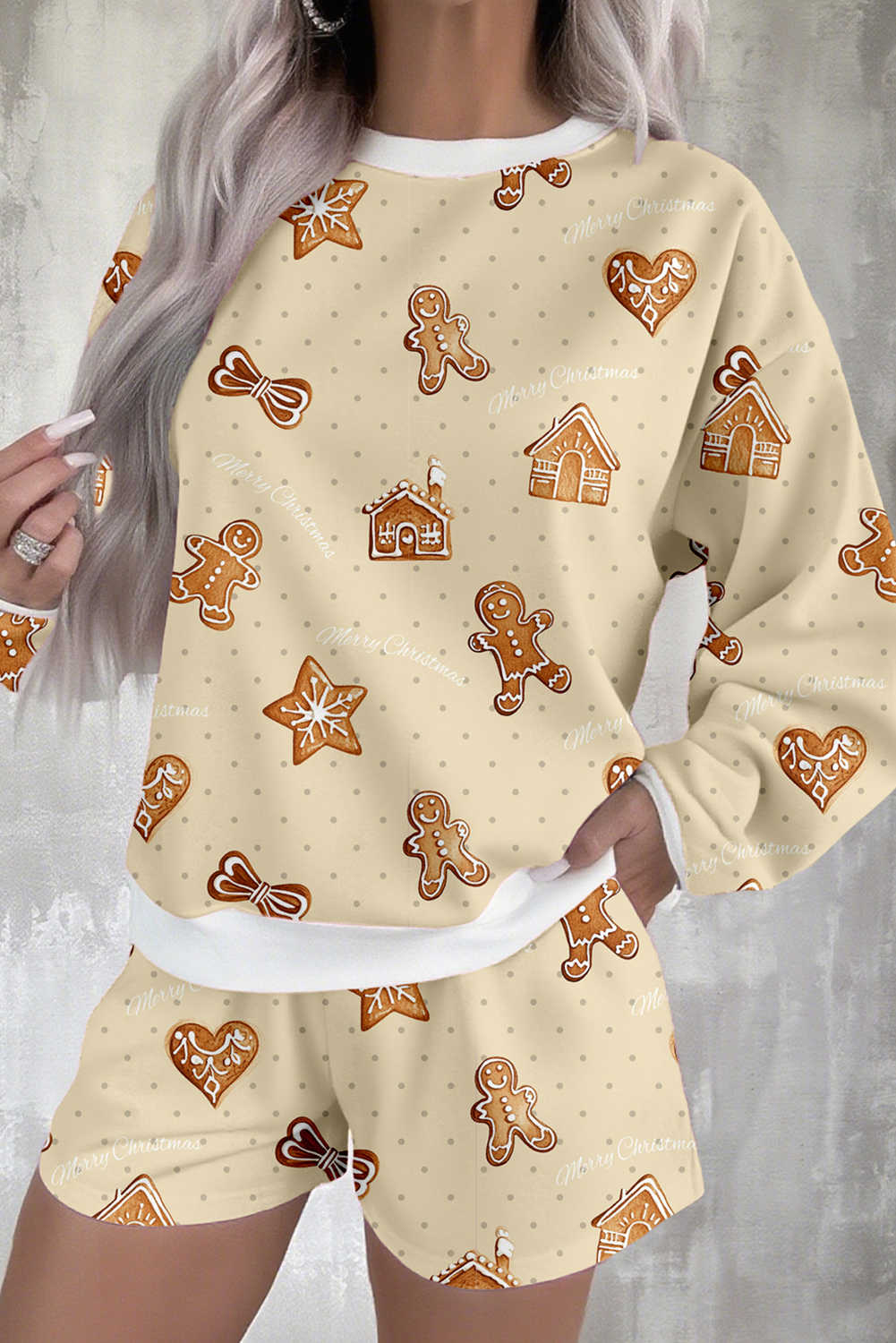 Beige Christmas Gingerbread Print Long Sleeve Pullover Shorts Holiday Pajama Set
