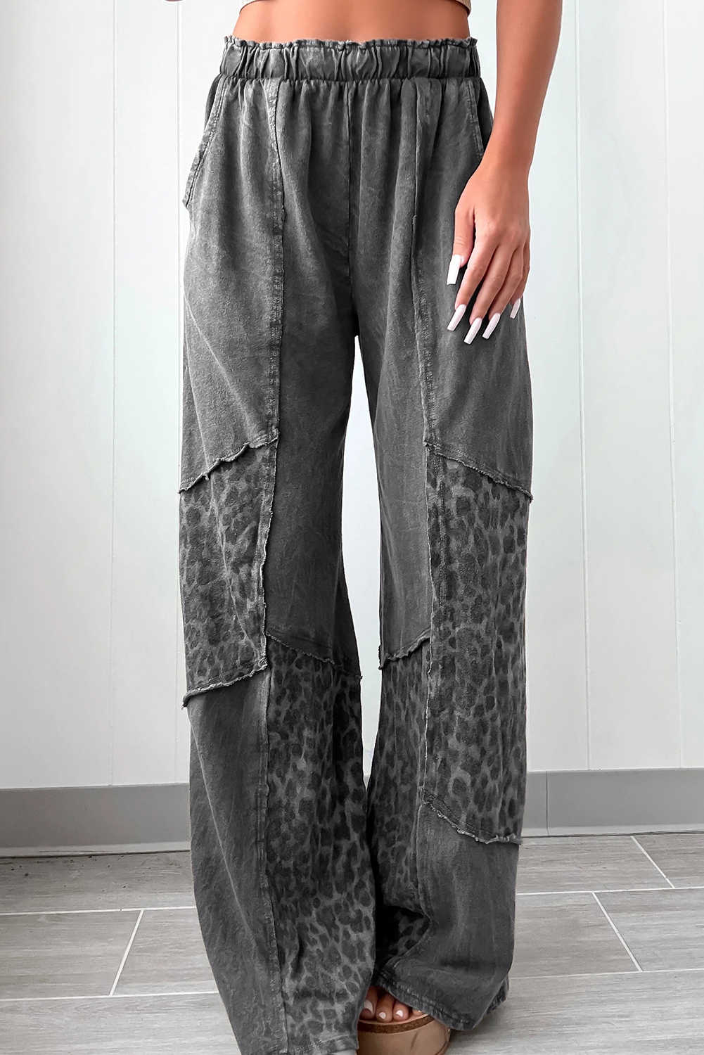 Dark Grey Mineral Wash Leopard Patchwork Loose Pants
