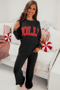 Black Crinkle Rib JOLLY Pattern Long Sleeve Top and Pockets Pants Set