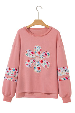 Peach Blossom Flower Applique Patchwork Drop Sleeve Pullover Sweatshirt