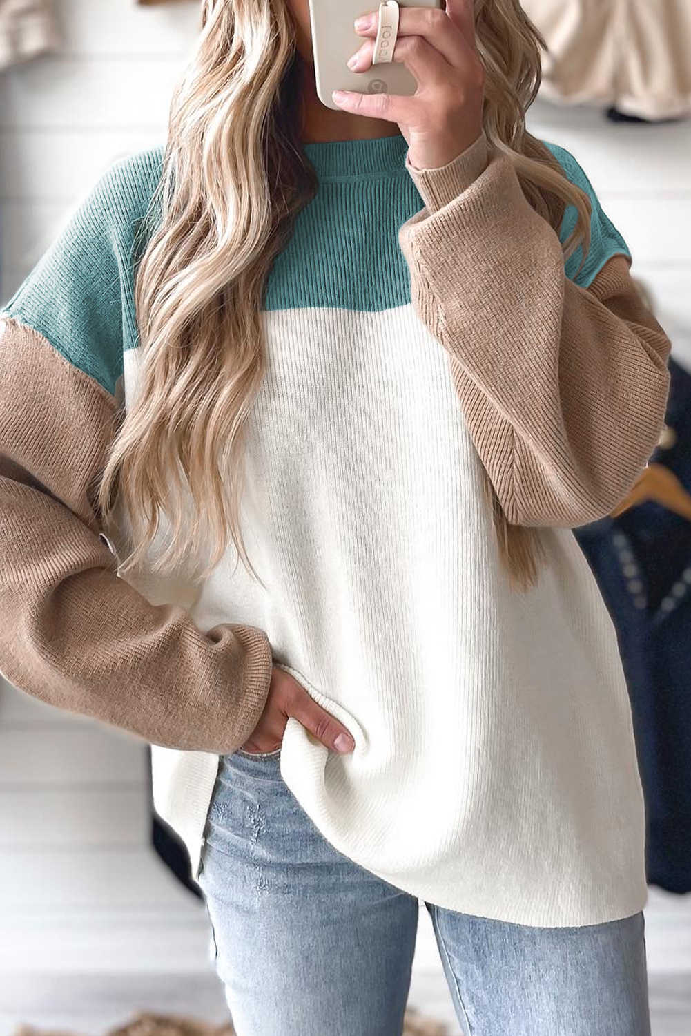 Green Colorblock Ribbed Knit Baggy Sweater