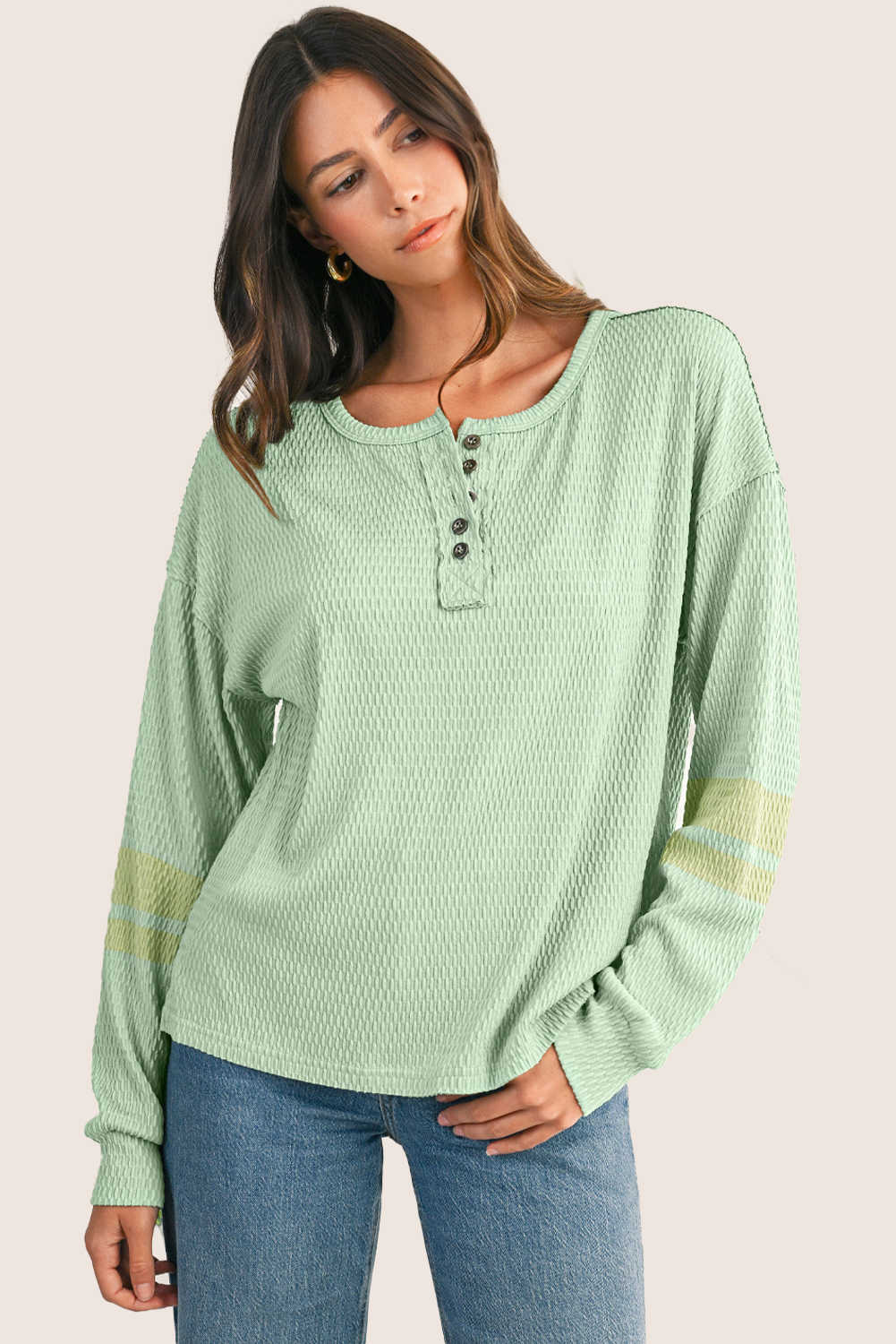 Meadow Mist Green Textured Colorblock Sleeve Henley Sweatshirt
