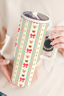 White Christmas Sweet Bow Print Travel Mug with Handle and Straw