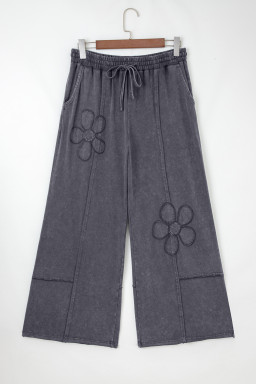 Light Grey Flower Patch Mineral Washed Cropped Wide Leg Pants