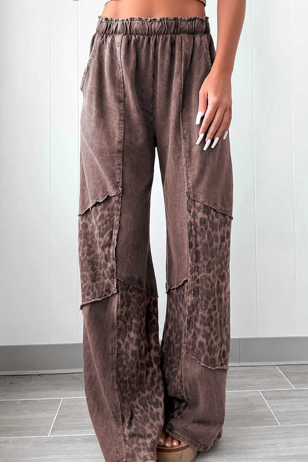 Coffee Mineral Wash Leopard Patchwork Loose Pants