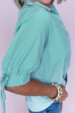 Mint Green Striped V Neck Collared Bubble Sleeve Blouse