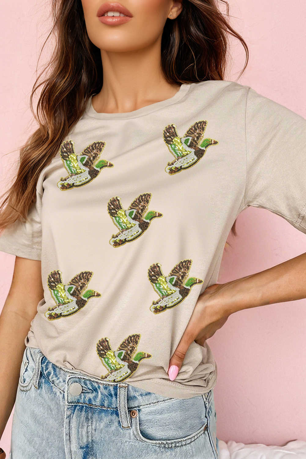 Khaki Flying Mallard Sequin Patched Graphic Tee