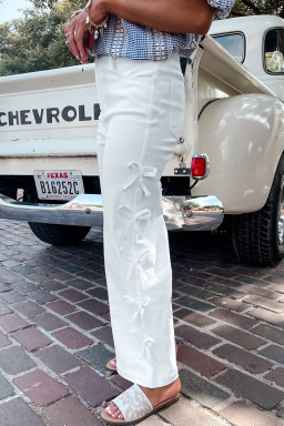 White Bowknot Side Detail Straight Leg Loose Jeans