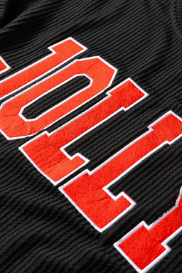 Black Crinkle Rib JOLLY Pattern Long Sleeve Top and Pockets Pants Set