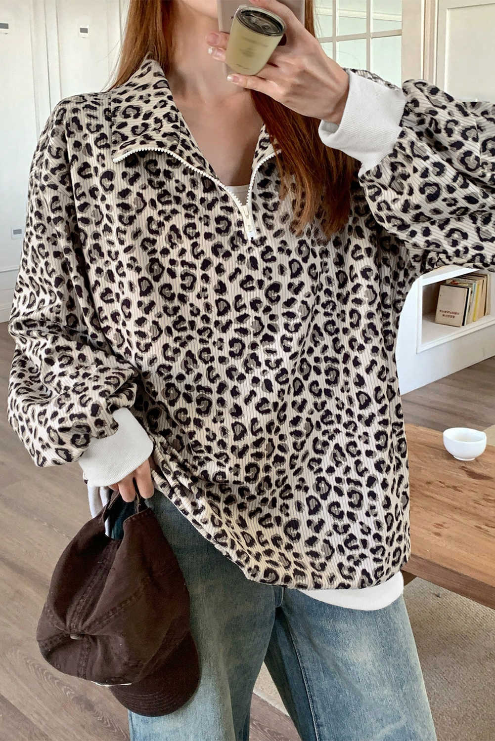Beige Leopard Print Quarter Zip Corduroy Sweatshirt
