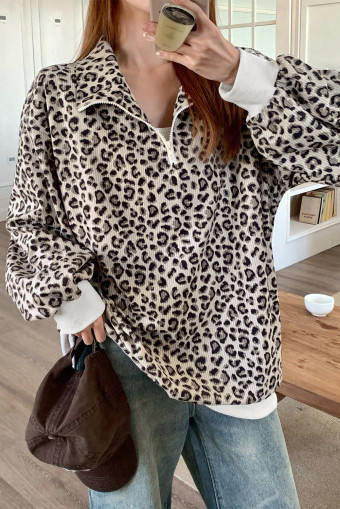 Beige Leopard Print Quarter Zip Corduroy Sweatshirt