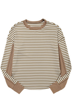 Khaki Stripe Patchwork Knit Drop Shoulder Top