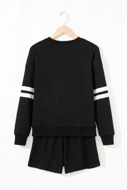 Black Varsity Striped Sleeve Drop Shoulder Sweatshirt and Shorts Set