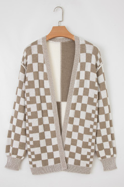 Brown Checkered Open Front Drop Shoulder Cardigan