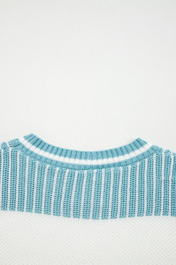 Light Blue Two Tone Striped Patchwork Drop Shoulder Sweater