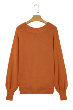 Gold Flame Solid Color Ribbed Trim Drop Shoulder Sweater