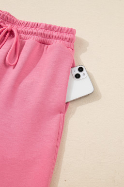 Pink Solid Color Zip Up Hoodie Drawstring Loose Pants Set