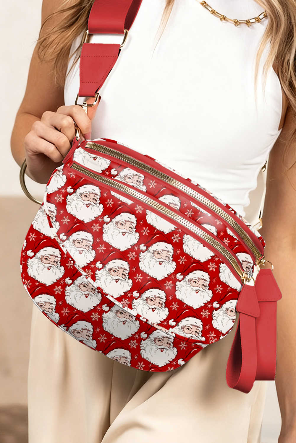 Fiery Red Father Christmas Print Double Zip Holiday Crossbody Bag
