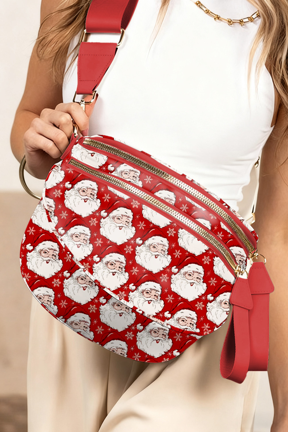 Fiery Red Father Christmas Print Double Zip Holiday Crossbody Bag