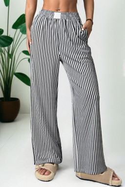 Black Striped Elastic Waistband Pocketed Loose Pants