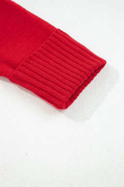 Racing Red Ribbed Edge Collared V Neck Loose Fit Sweater