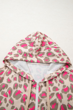 Rose Leopard Print Zip Up Hooded Sweatshirt