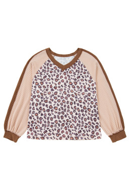 Parchment Leopard Colorblock Patchwork Twist Ribbed Plus Size Baggy Pullover