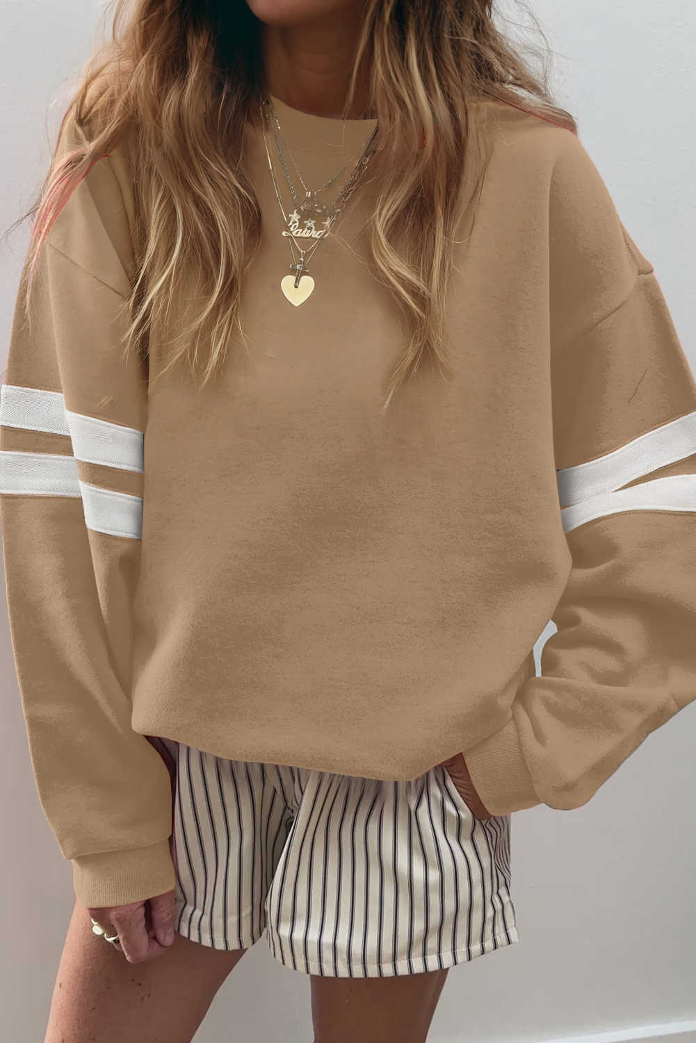 Light French Beige Preppy Striped Sleeve Loose Sweatshirt