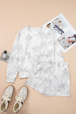 Beige Maple Camo Print Pullover Top and Elastic Waist Casual Short Set