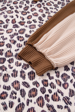 Parchment Leopard Colorblock Patchwork Twist Ribbed Plus Size Baggy Pullover