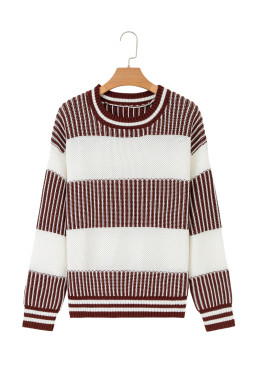 Brown Two Tone Striped Patchwork Drop Shoulder Sweater