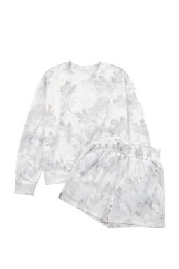 Beige Maple Camo Print Pullover Top and Elastic Waist Casual Short Set