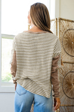 Khaki Stripe Patchwork Knit Drop Shoulder Top