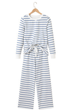 Sail Blue Striped Long Sleeve Pullover and Wide Leg Pants Set