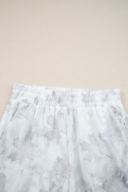 Beige Maple Camo Print Pullover Top and Elastic Waist Casual Short Set