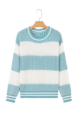 Light Blue Two Tone Striped Patchwork Drop Shoulder Sweater