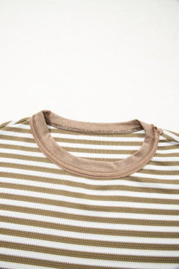 Khaki Stripe Patchwork Knit Drop Shoulder Top