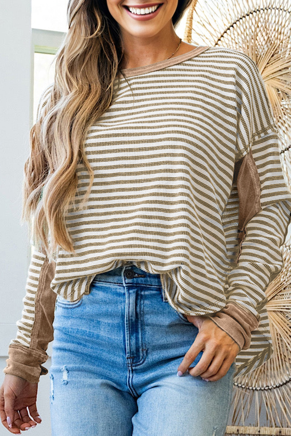 Khaki Stripe Patchwork Knit Drop Shoulder Top