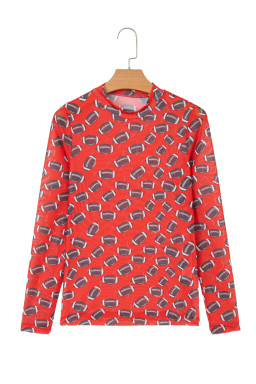 Red Game Day Football Mesh Sheer Long Sleeve Top