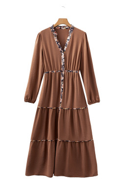 Chestnut Floral Patchwork Notched Neck Long Sleeve Maxi Dress