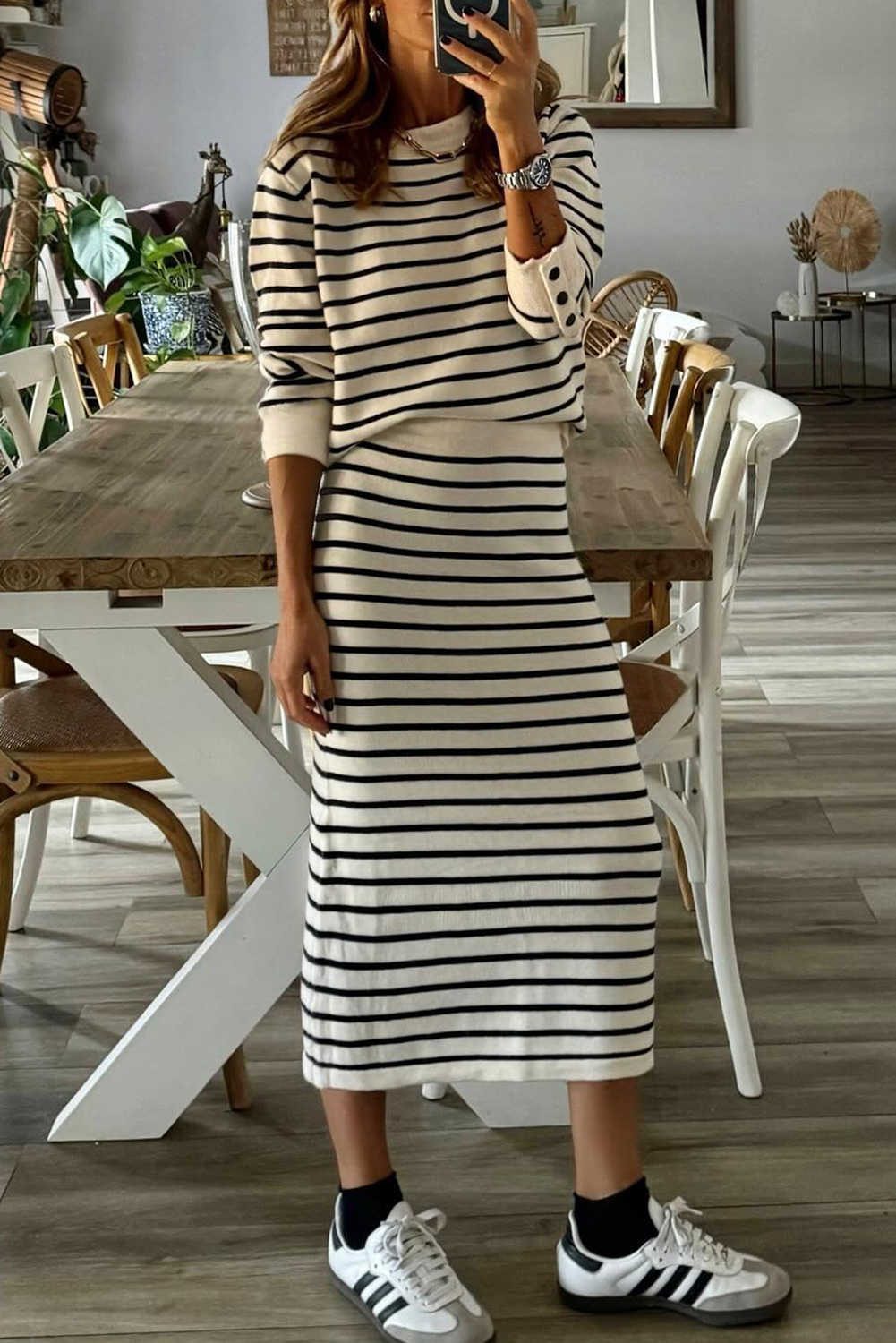 Black Stripe Ribbed Trim Button Cuff Top and Midi Skirt Outfit