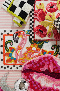 Spinach Green Checkered Striped Fluffy Colorblock Entrance Mat