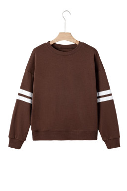 Coffee Preppy Striped Sleeve Loose Sweatshirt