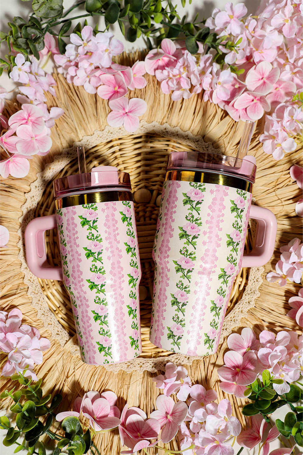 Pink Minimalist Floral Print Stainless Steel Tumbler with Straw