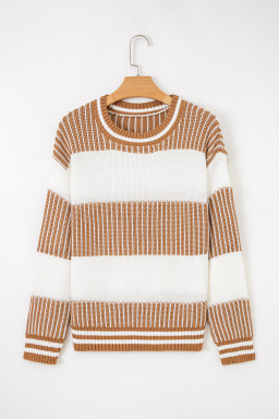 Khaki Two Tone Striped Patchwork Drop Shoulder Sweater