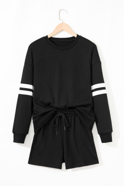 Black Varsity Striped Sleeve Drop Shoulder Sweatshirt and Shorts Set